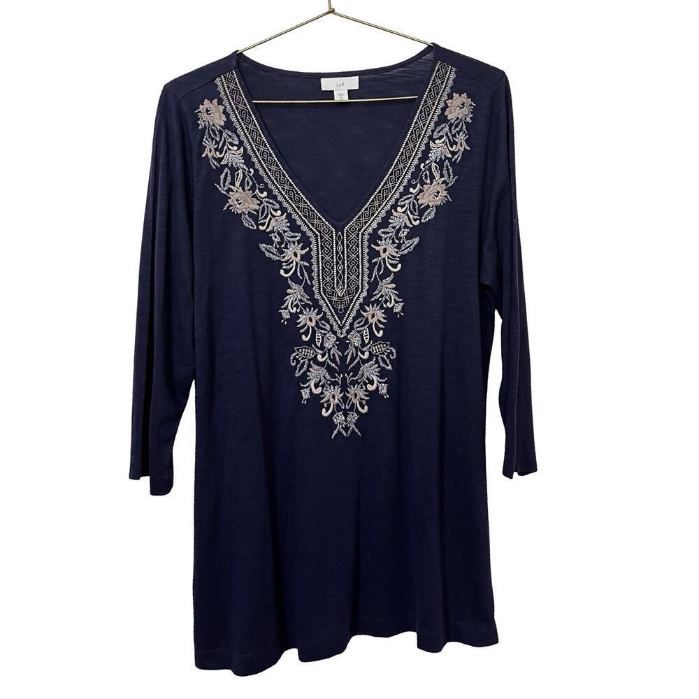 J Jill Woven Trim Embroidered Cotton Tunic Top Size MP Navy Boho Southwestern